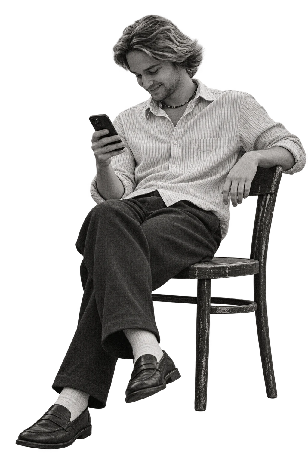 Andrew sitting casually with a phone — a photographic collage based on his photos